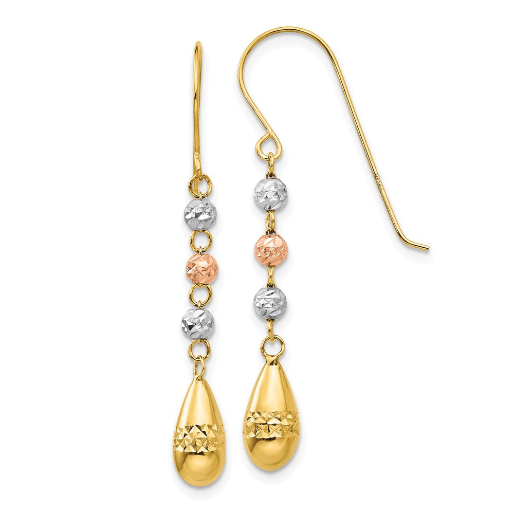 14k Tri-Color 5 mm Tri-color Diamond-cut Teardrop Beaded Puff Dangle Earrings (1.11 grams)