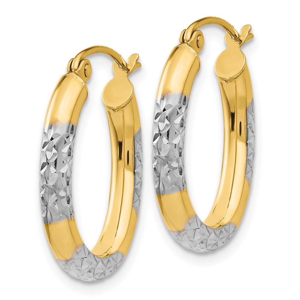 14k Yellow & Rhodium 15 mm Diamond Cut Oval Hollow Hoop Earrings (1.24 grams)