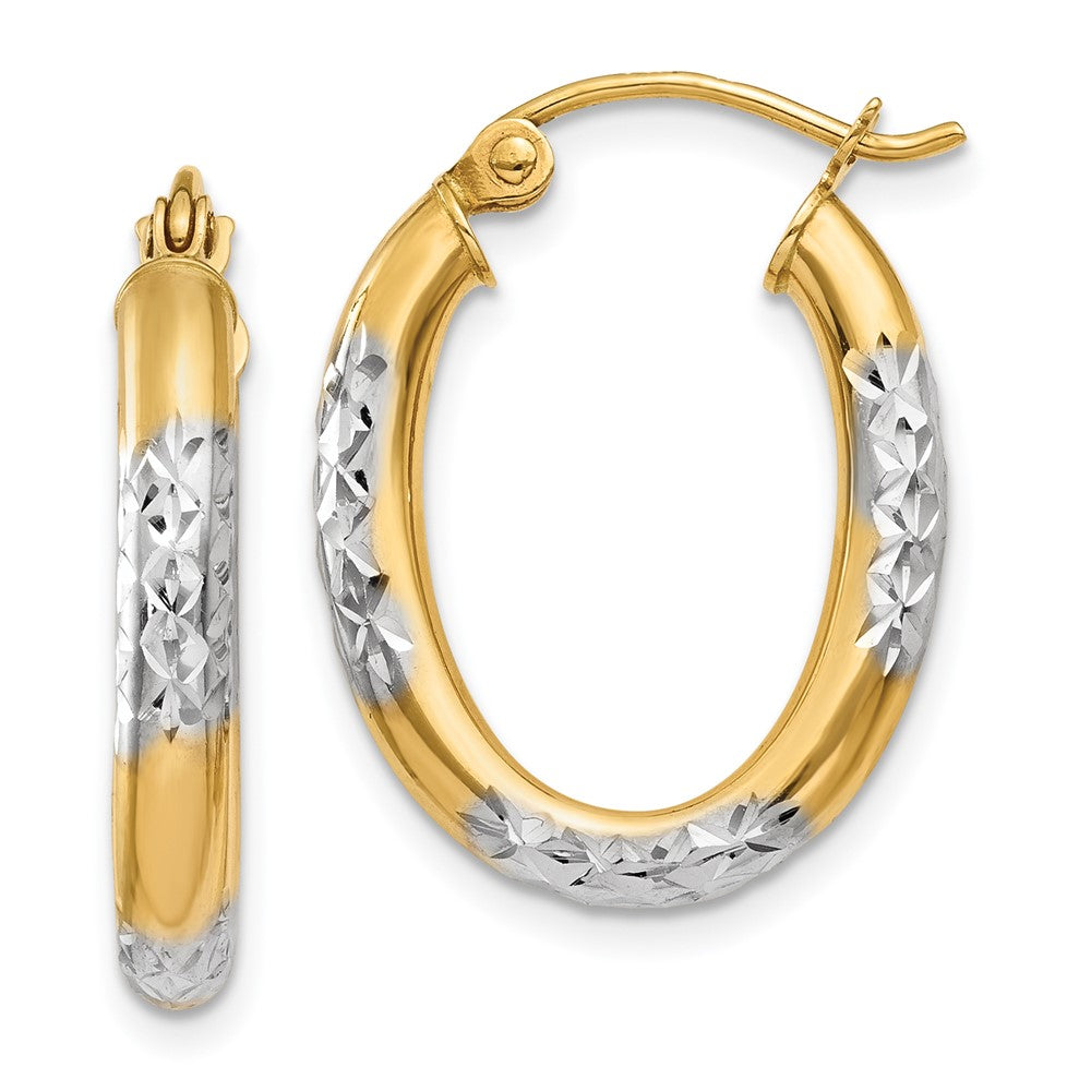 14k Yellow & Rhodium 15 mm Diamond Cut Oval Hollow Hoop Earrings (1.24 grams)