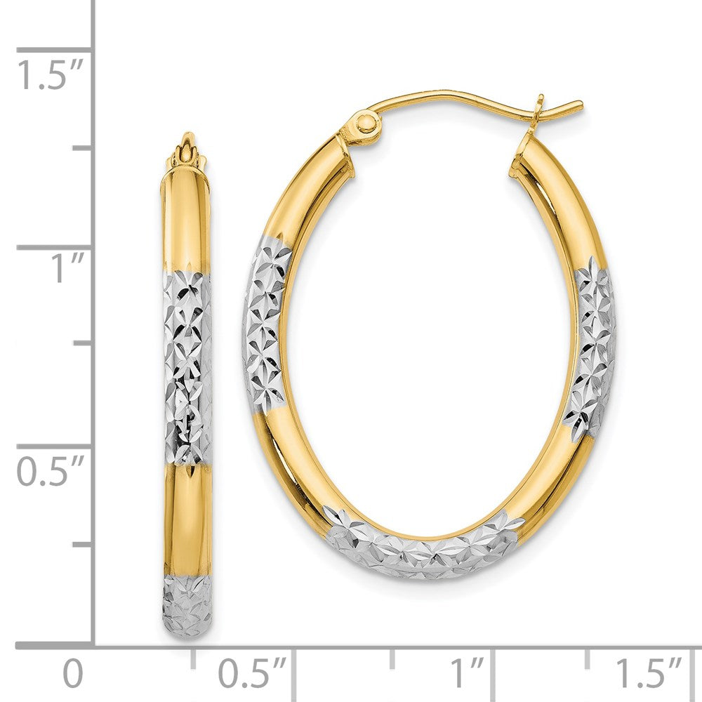 14k Yellow & Rhodium 24 mm Diamond Cut Oval Hollow Hoop Earrings (1.89 grams)