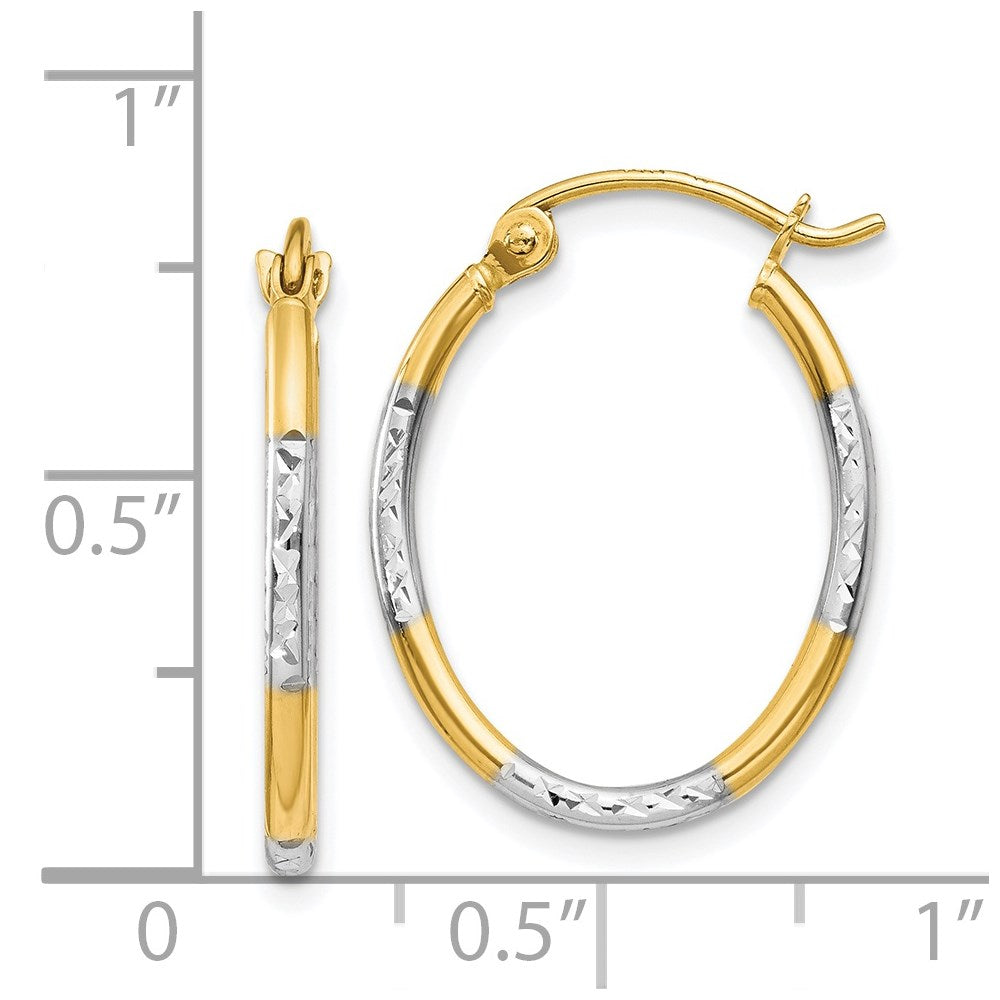 14k Yellow & Rhodium 17 mm  Diamond Cut Oval Hoop Earrings (0.72 grams)