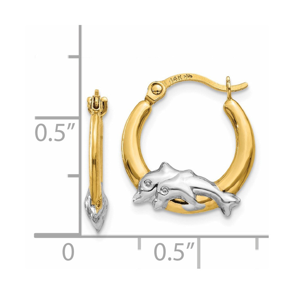14k Yellow & Rhodium 14 mm  Dolphin Hoop Earrings (0.55 grams)