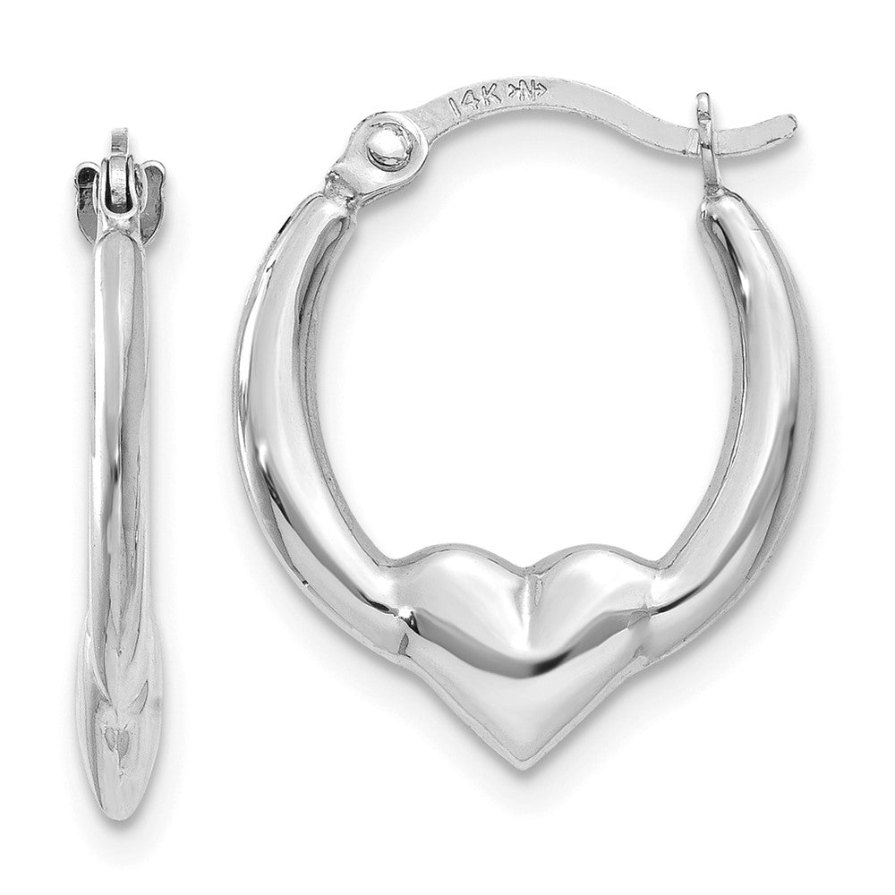 14k White Gold 13.7 mm Heart Hoop Earrings (0.49 grams)