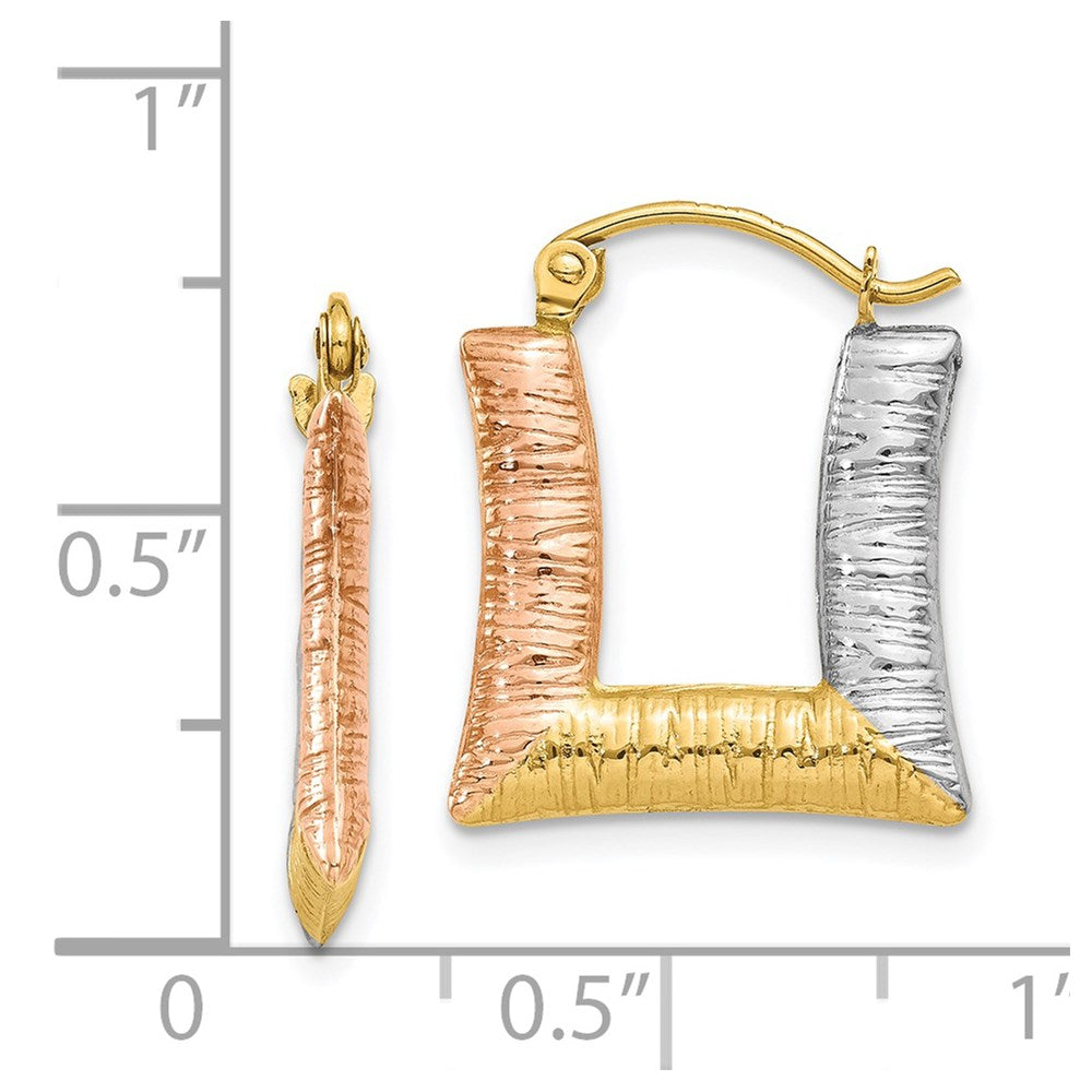 14k Yellow & Rhodium 15 mm  Hollow Textured Square Hoop Earrings (0.79 grams)