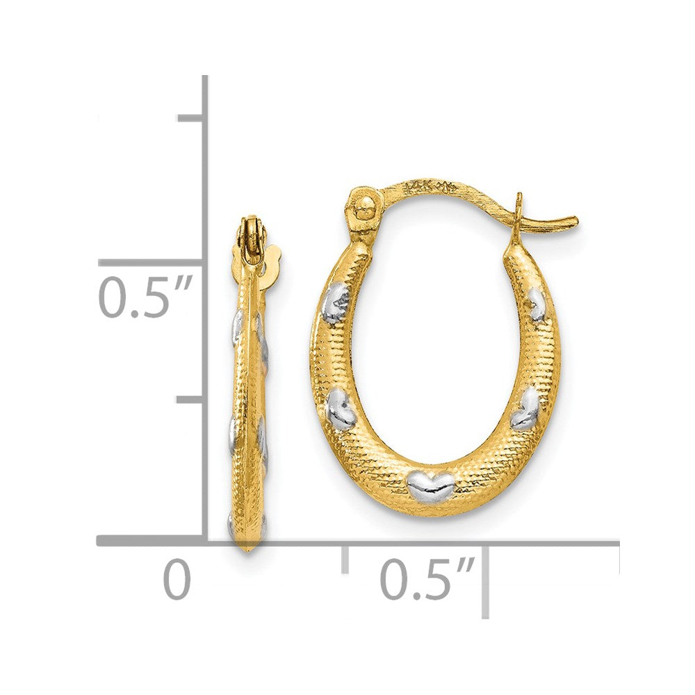 14k Yellow & Rhodium 11 mm  Textured Hollow Oval w/ Hearts Hoop Earrings (0.43 grams)