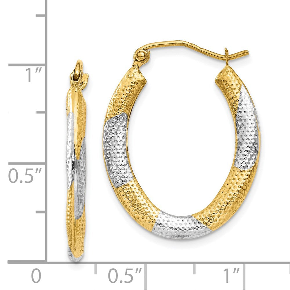 14k Yellow & Rhodium 20 mm  Textured Hollow Oval Hoop Earrings (1 grams)