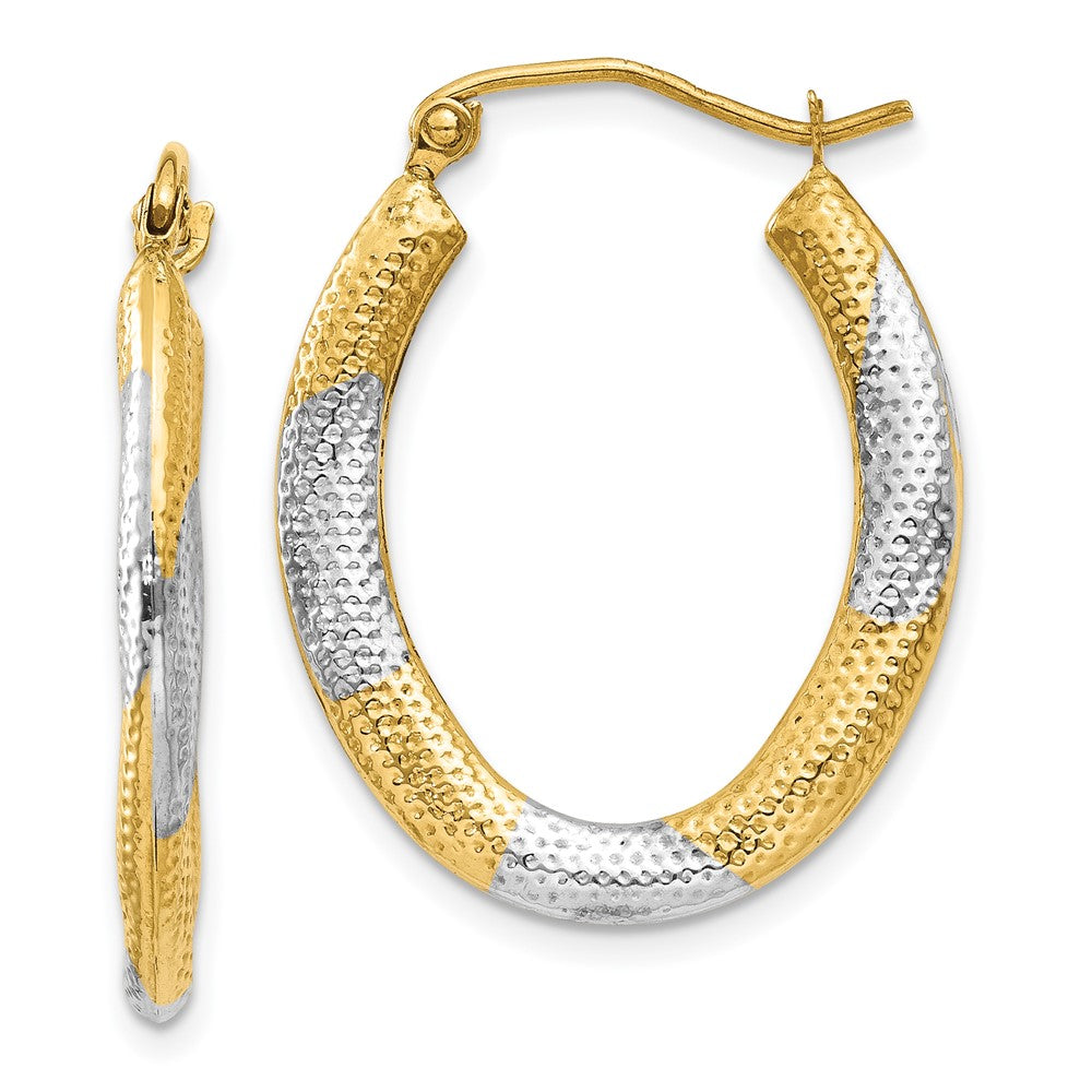 14k Yellow & Rhodium 20 mm  Textured Hollow Oval Hoop Earrings (1 grams)