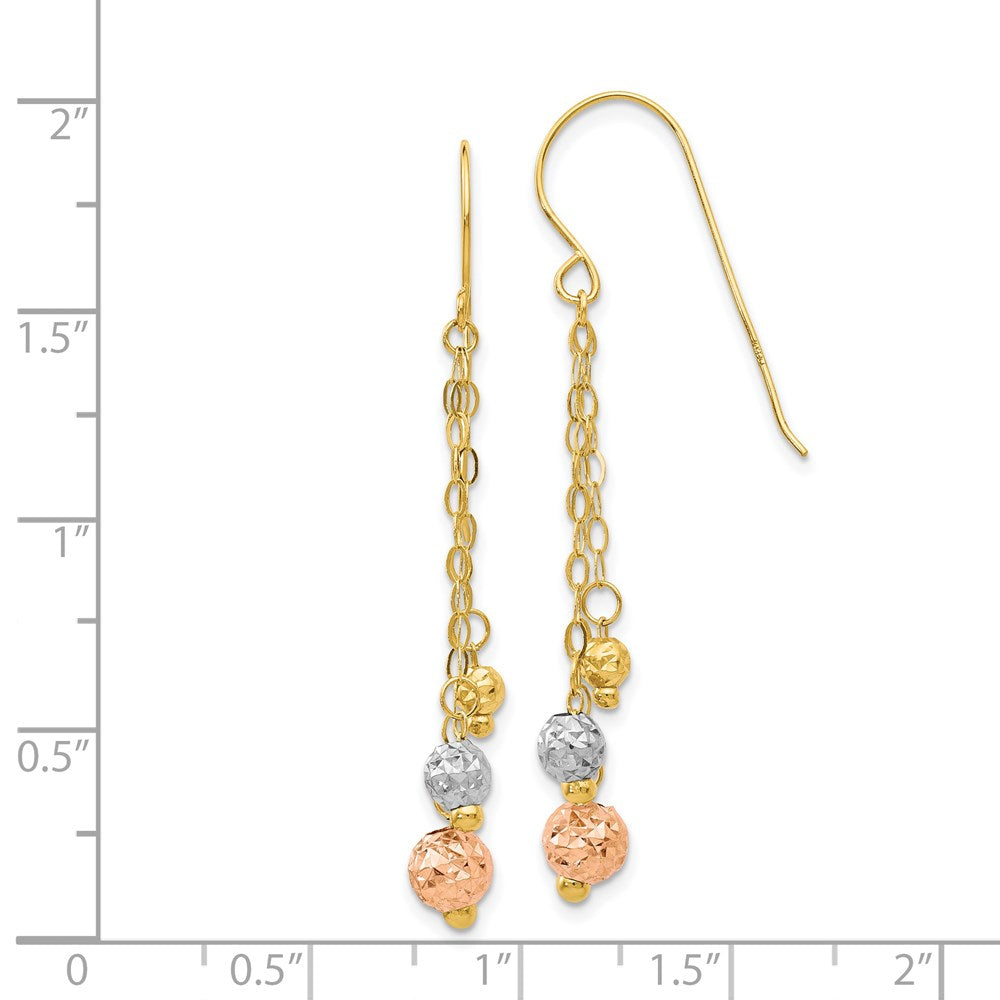 14k Tri-Color 10 mm Tri-color w/Diamond-cut Beads Dangle Earrings (1.26 grams)