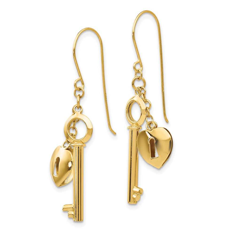 14k Yellow Gold 13 mm Gold Puff Heart Lock and Key Earrings (1.91 grams)