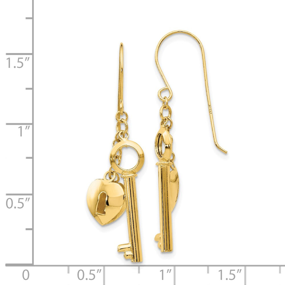 14k Yellow Gold 13 mm Gold Puff Heart Lock and Key Earrings (1.91 grams)