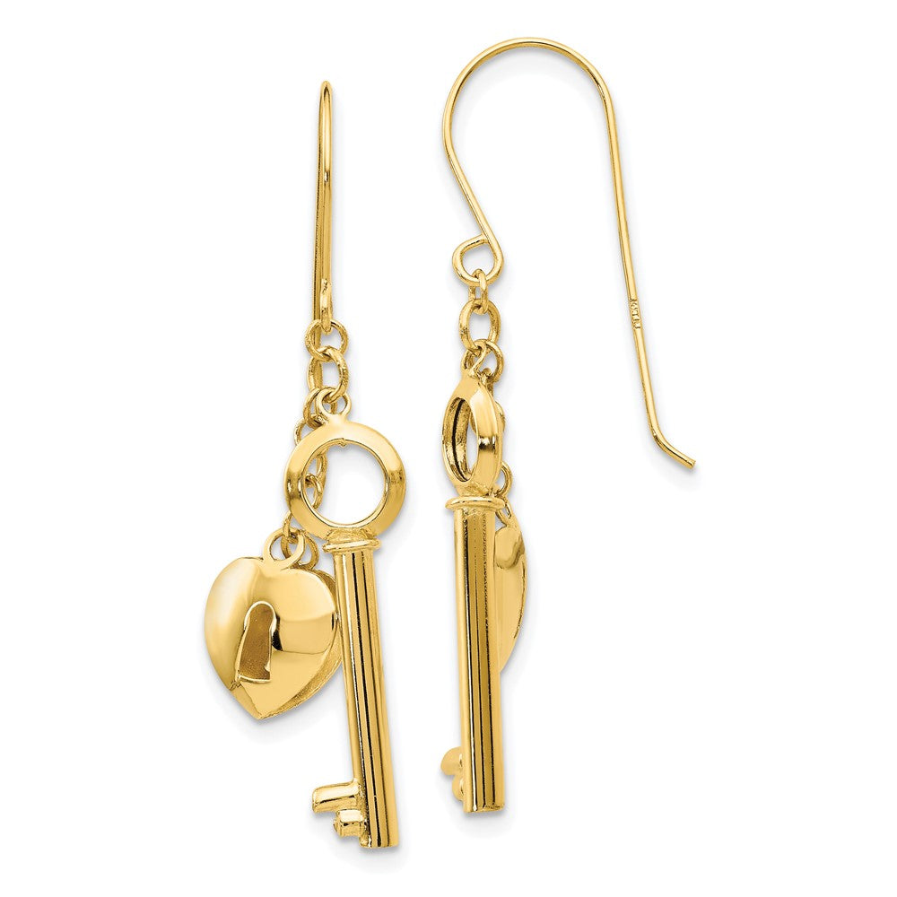 14k Yellow Gold 13 mm Gold Puff Heart Lock and Key Earrings (1.91 grams)