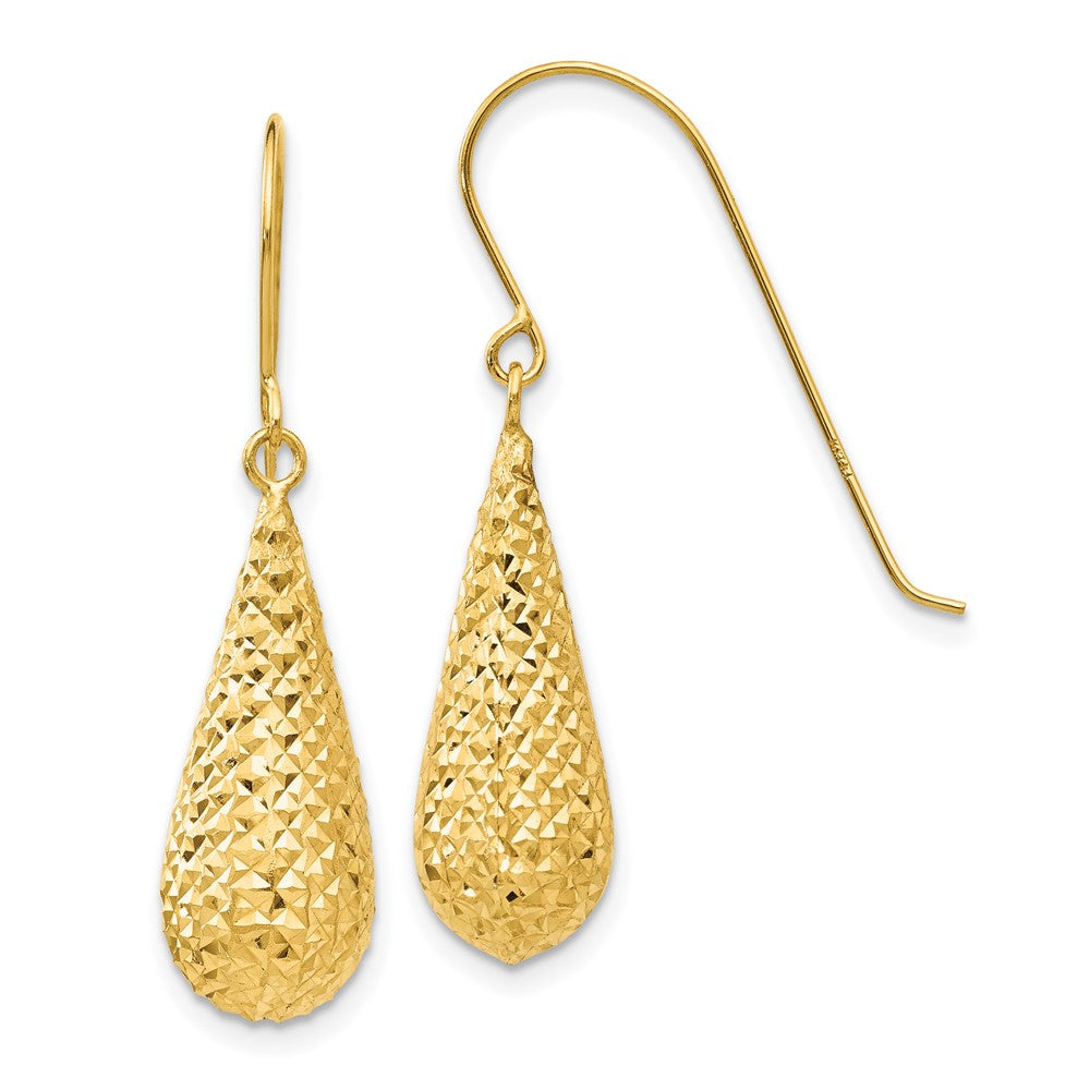 14k Yellow Gold 8 mm Diamond Cut Puff Tear Drop Dangle Earrings (1.64 grams)