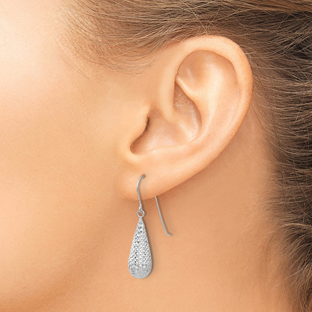14k White Gold 8 mm  Diamond Cut Puff Tear Drop Dangle Earrings (1.55 grams)