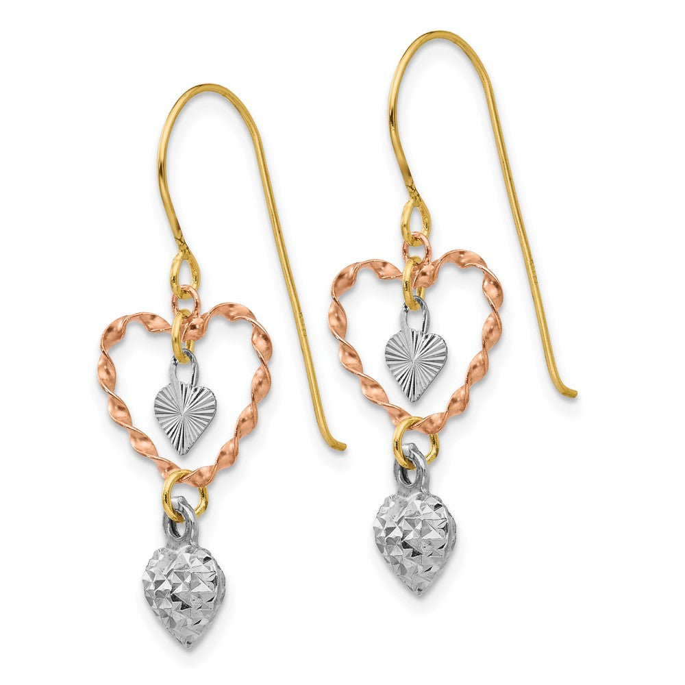 14k Tri-Color 11 mm Tri-color Diamond Cut Heart Dangle Earrings (1 grams)