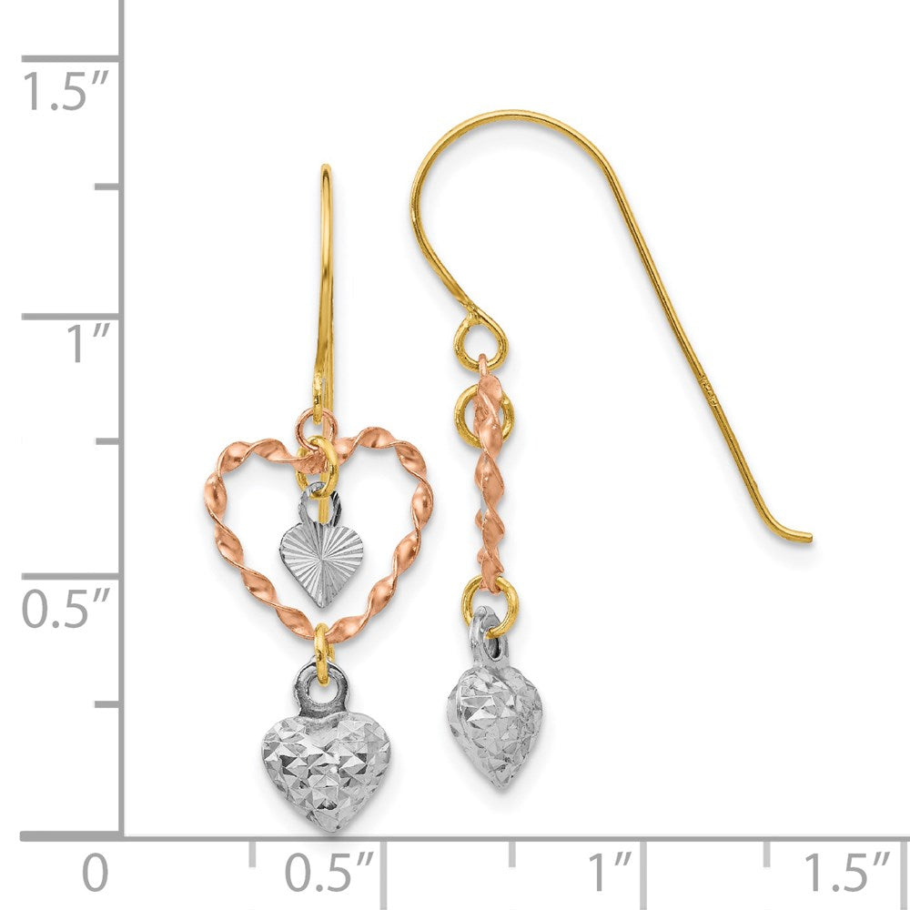 14k Tri-Color 11 mm Tri-color Diamond Cut Heart Dangle Earrings (1 grams)