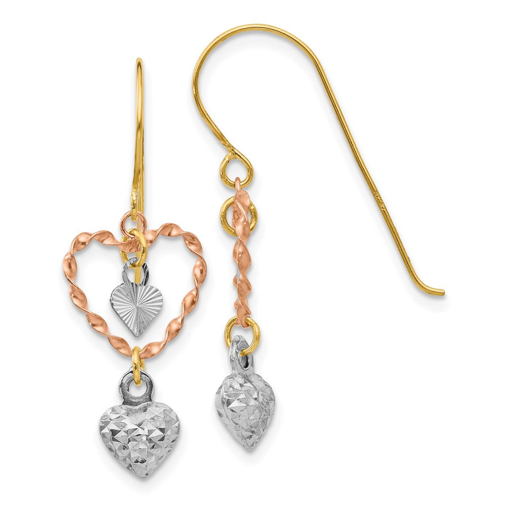 14k Tri-Color 11 mm Tri-color Diamond Cut Heart Dangle Earrings (1 grams)