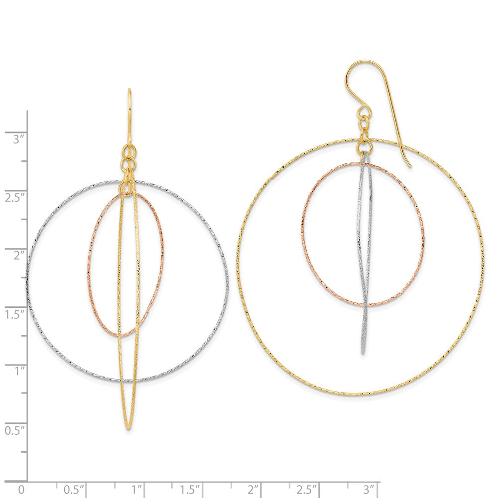 14k Tri-Color 55 mm Tri-color Diamond Cut Graduated Circles Shepherd Hook Earrings (3.22 grams)