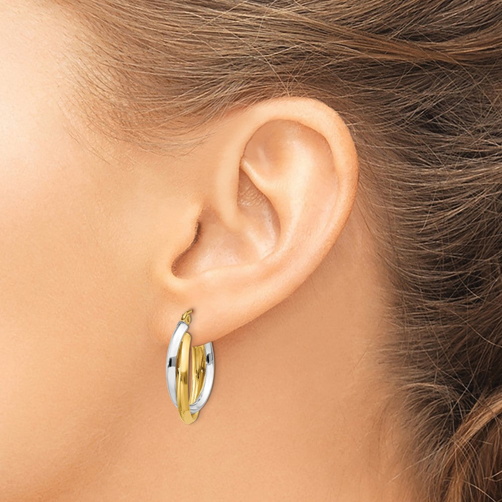 14k Two-tone 4 mm Polished Double Oval Hoop Earrings (2.91 grams)