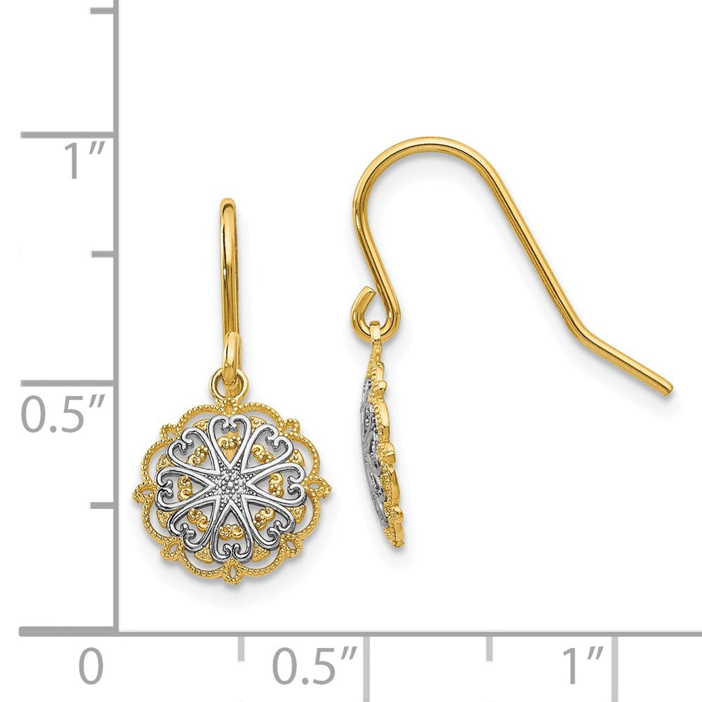 14k Yellow & Rhodium 10 mm  Polished and Textured Dangle Earrings (1.02 grams)
