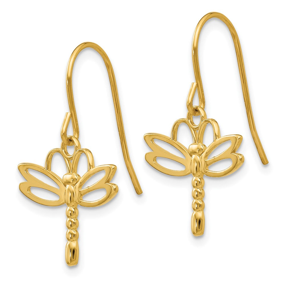 14k Yellow Gold 16 mm Dragonfly Shepherd Hook Earrings (1.22 grams)