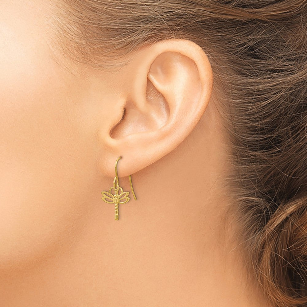 14k Yellow Gold 16 mm Dragonfly Shepherd Hook Earrings (1.22 grams)