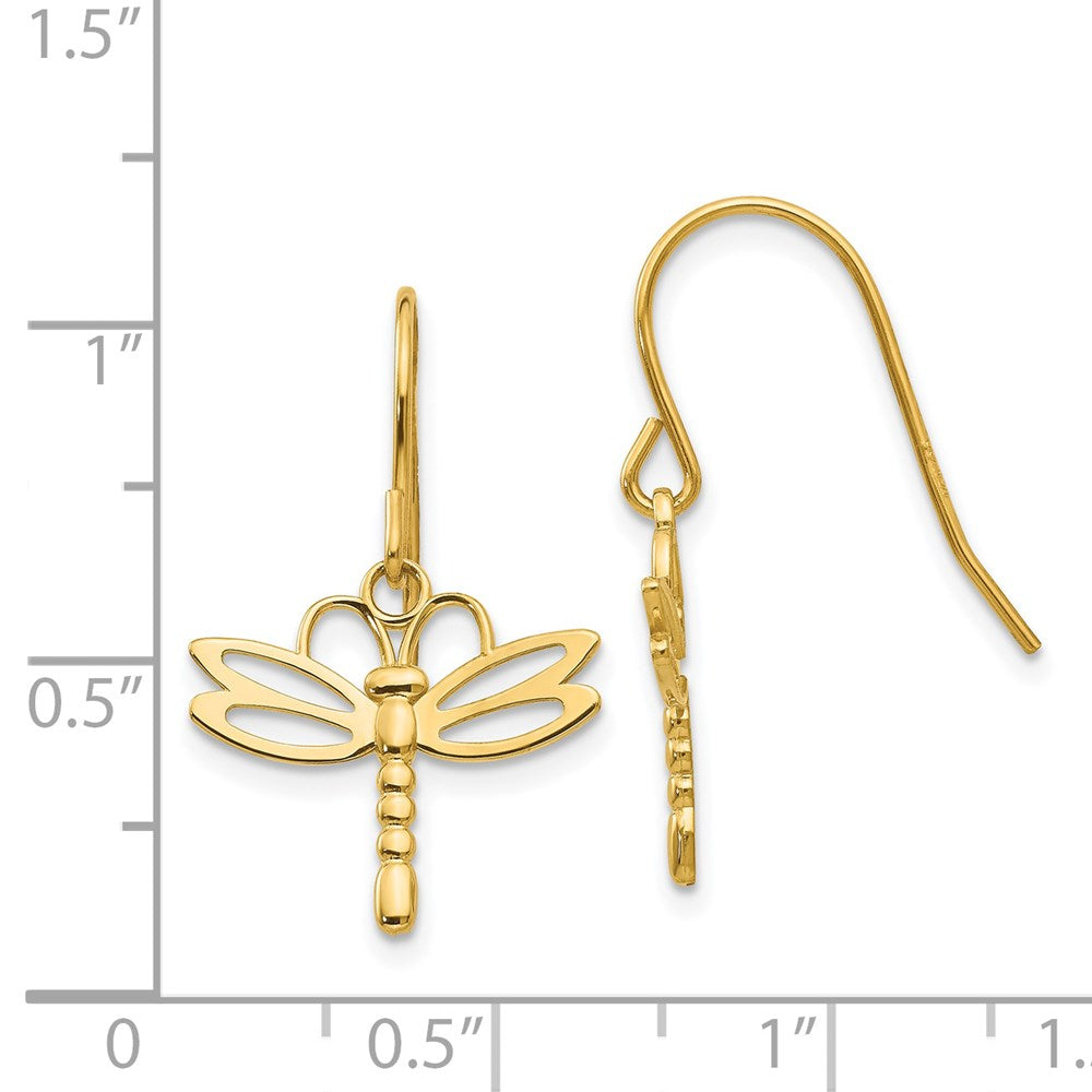 14k Yellow Gold 16 mm Dragonfly Shepherd Hook Earrings (1.22 grams)