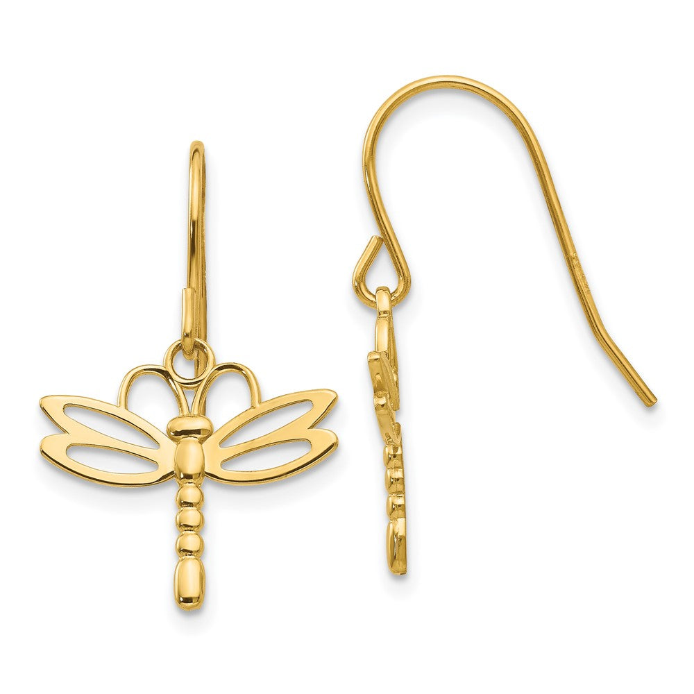 14k Yellow Gold 16 mm Dragonfly Shepherd Hook Earrings (1.22 grams)