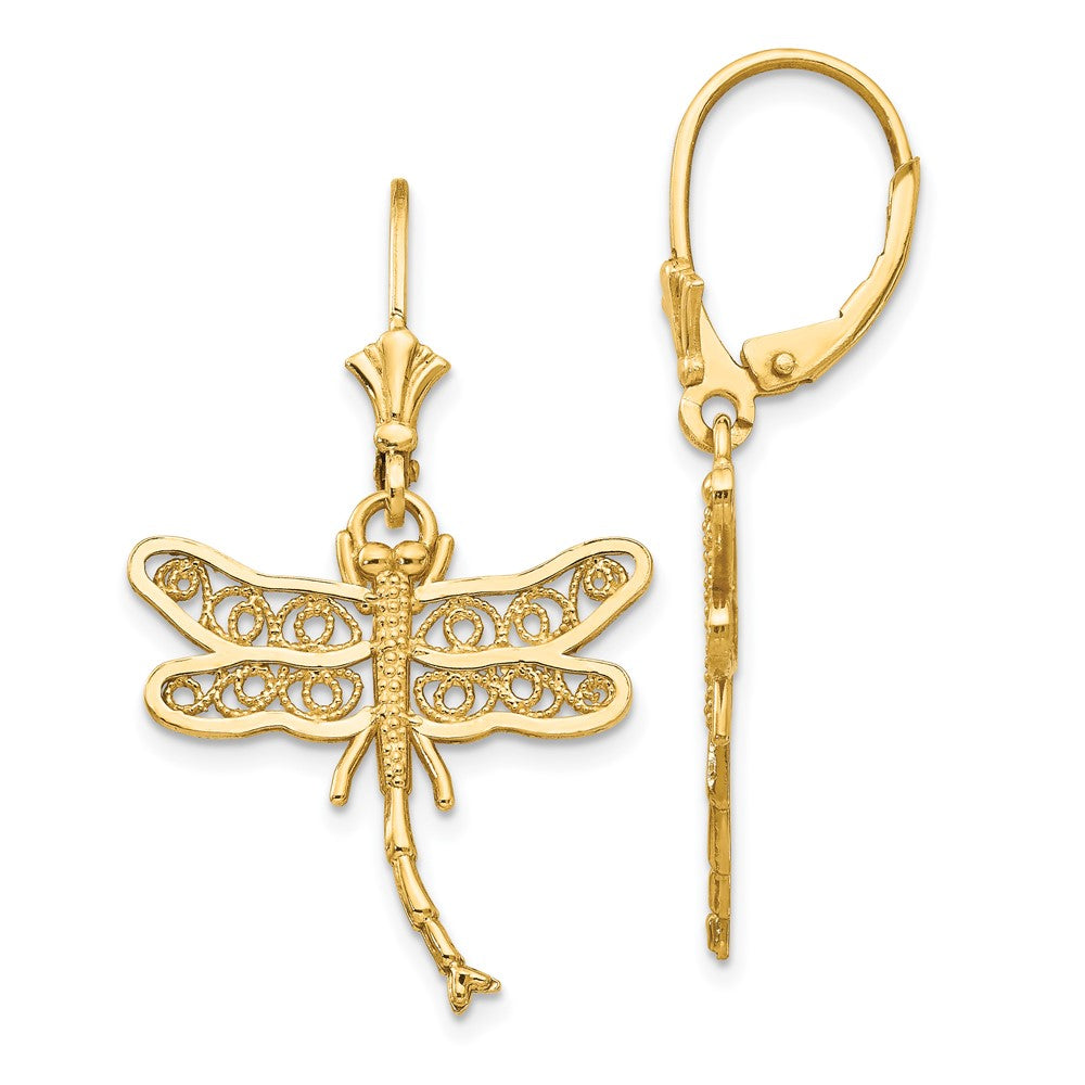 14k Yellow Gold 21 mm Dragonfly w/Filigree Wings Leverback Earrings (2.34 grams)