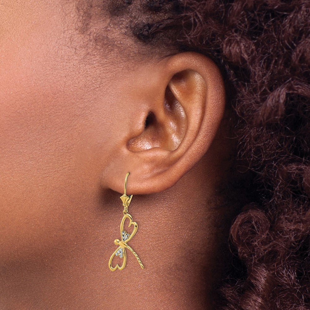 14k Yellow & Rhodium 7.85 mm  D/C Dragonfly Leverback Earrings (3.21 grams)
