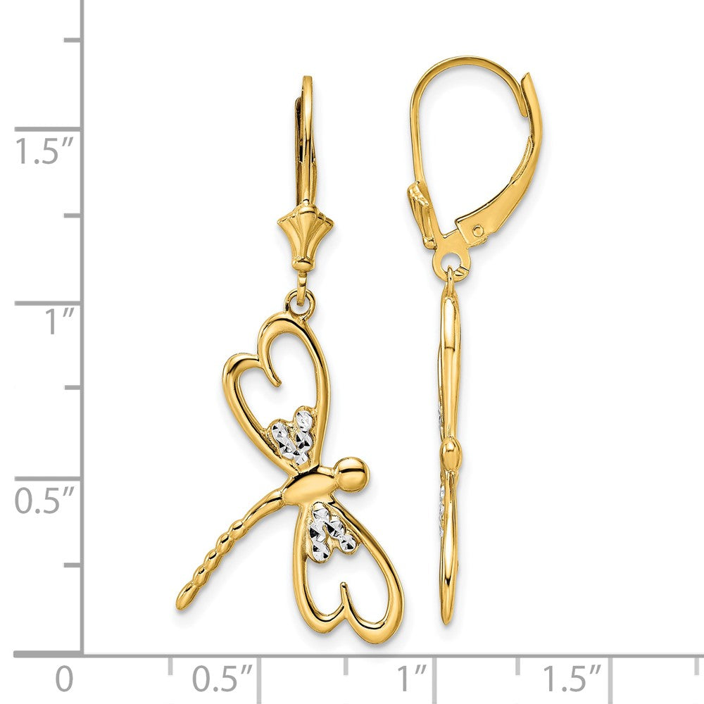 14k Yellow & Rhodium 7.85 mm  D/C Dragonfly Leverback Earrings (3.21 grams)