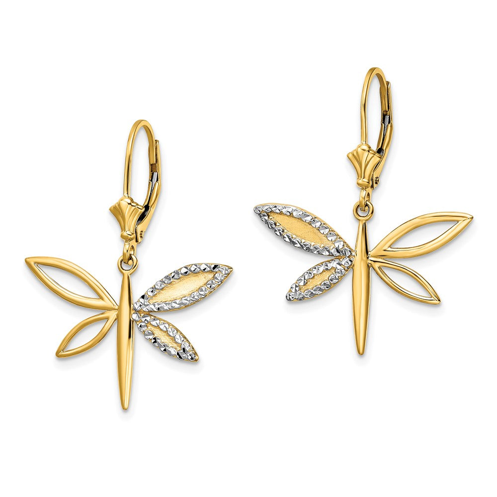 14k Yellow & Rhodium 24.75 mm  D/C Dragonfly Leverback Earrings (2.86 grams)