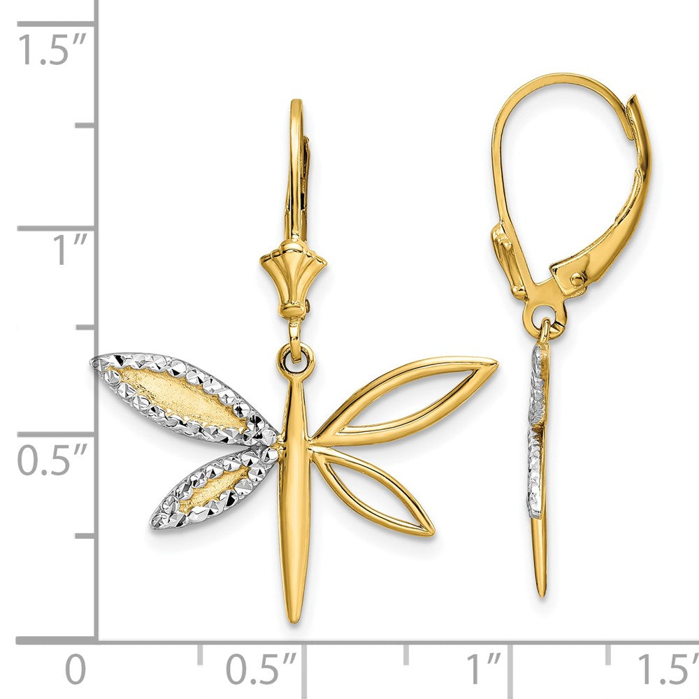 14k Yellow & Rhodium 24.75 mm  D/C Dragonfly Leverback Earrings (2.86 grams)