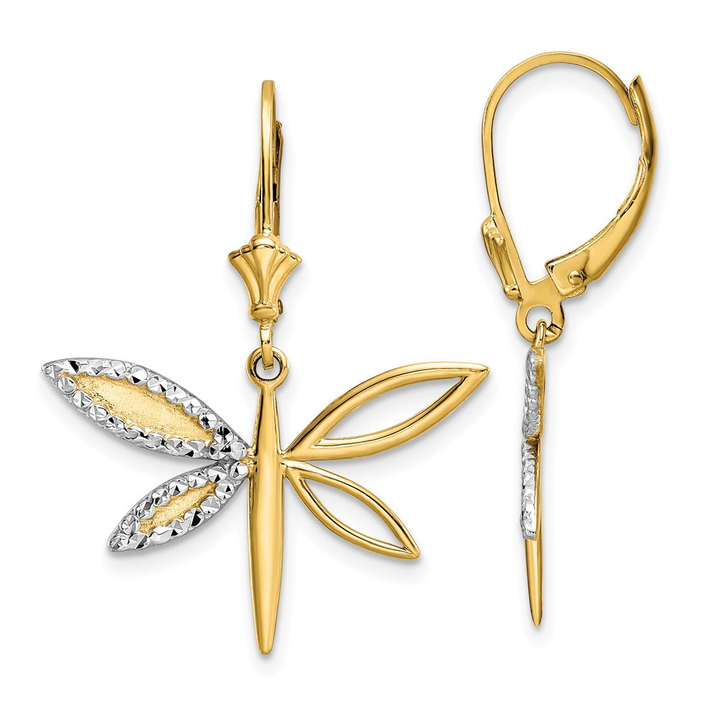 14k Yellow & Rhodium 24.75 mm  D/C Dragonfly Leverback Earrings (2.86 grams)
