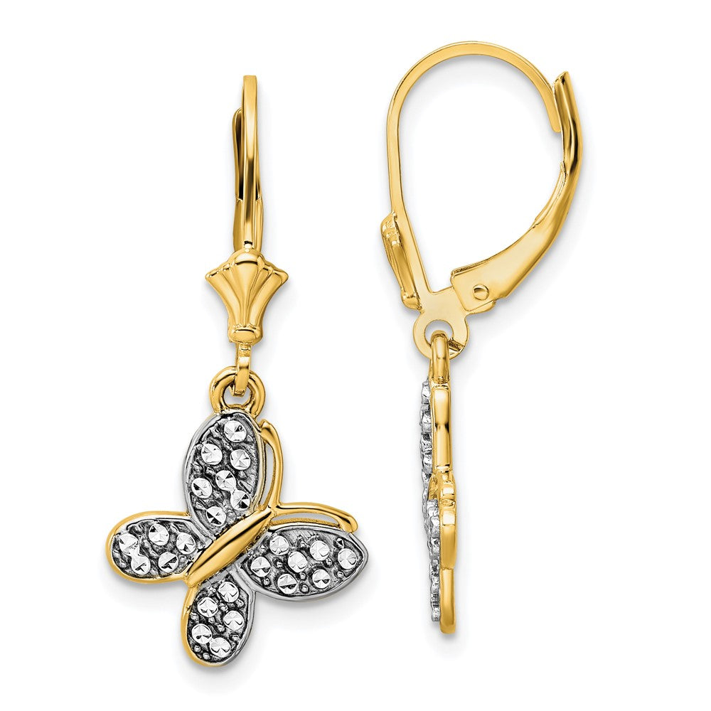 14k and White Rhodium Diamond-cut Fancy Butterfly Dangle Leverback Earrings (3.28 grams)