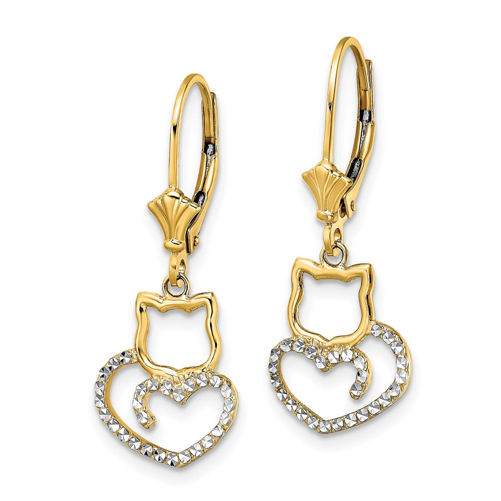 14k & White Rhodium D/C Cat Heart Leverback Earrings (1.97 grams)