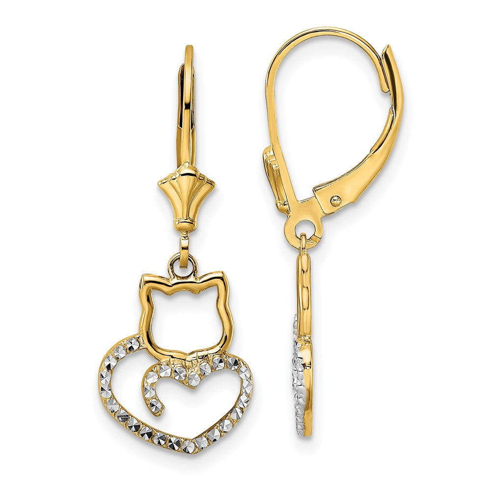 14k & White Rhodium D/C Cat Heart Leverback Earrings (1.97 grams)