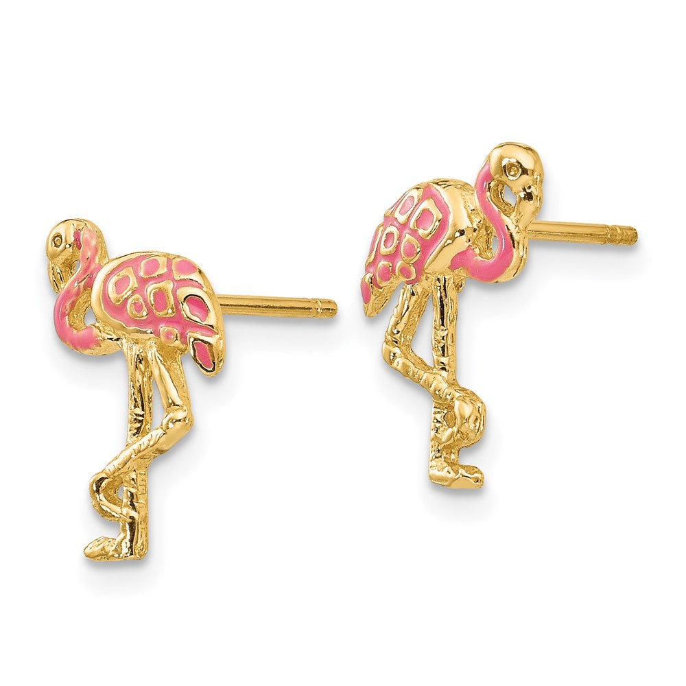 14k Yellow Gold 9 mm Pink Enameled Flamingo Post Earrings (1.26 grams)