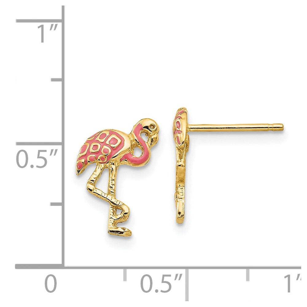 14k Yellow Gold 9 mm Pink Enameled Flamingo Post Earrings (1.26 grams)