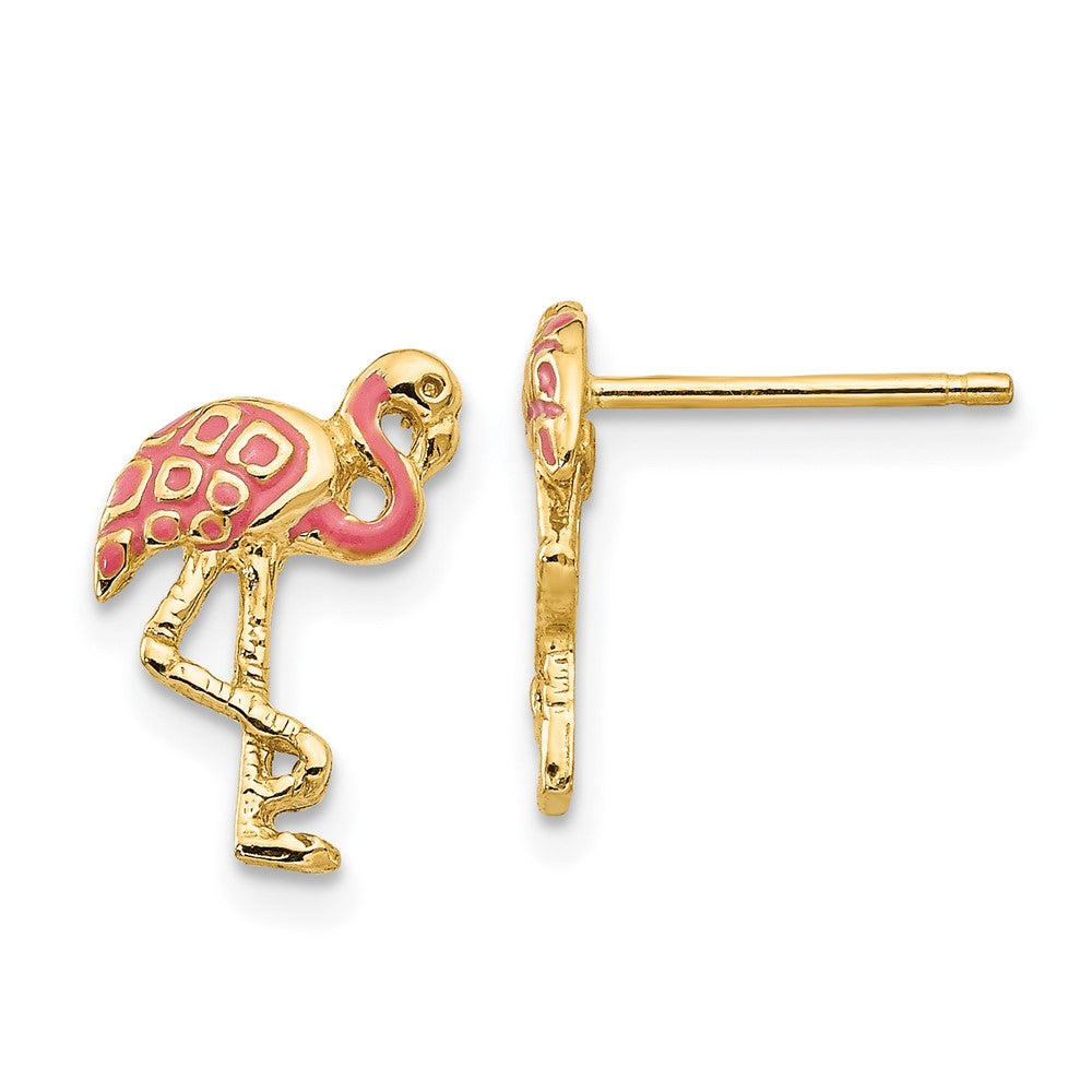 14k Yellow Gold 9 mm Pink Enameled Flamingo Post Earrings (1.26 grams)