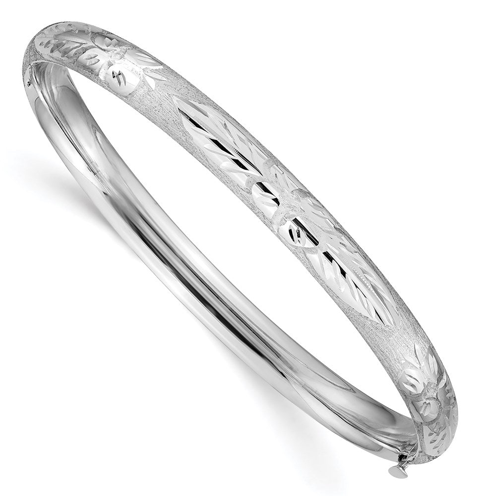 14k White Gold 6 mm 4/1 White Gold Florentine Engraved Hinged Bangle (6.86 grams)