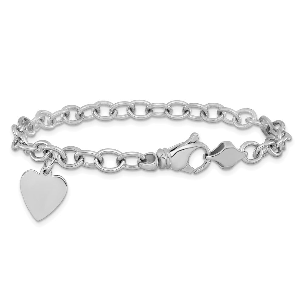 14k White Gold 13 mm in Polished Engravable Link with Heart Charm Bracelet (12.51 grams)