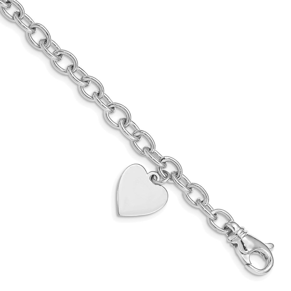 14k White Gold 13 mm in Polished Engravable Link with Heart Charm Bracelet (12.51 grams)