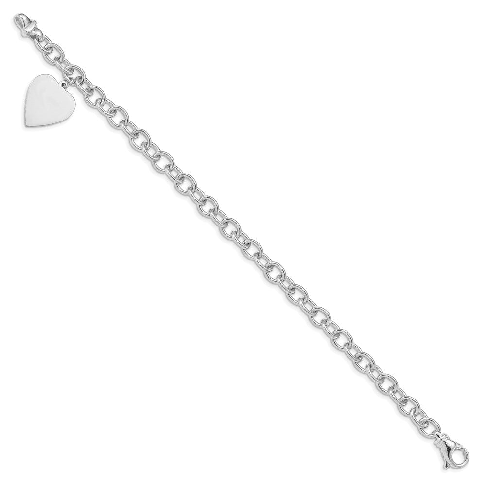 14k White Gold 17.5 mm in Polished Engravable Link with Heart Charm Bracelet (17.6 grams)