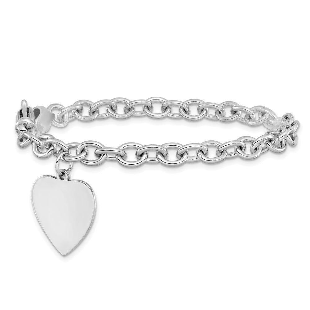 14k White Gold 17.5 mm in Polished Engravable Link with Heart Charm Bracelet (17.6 grams)