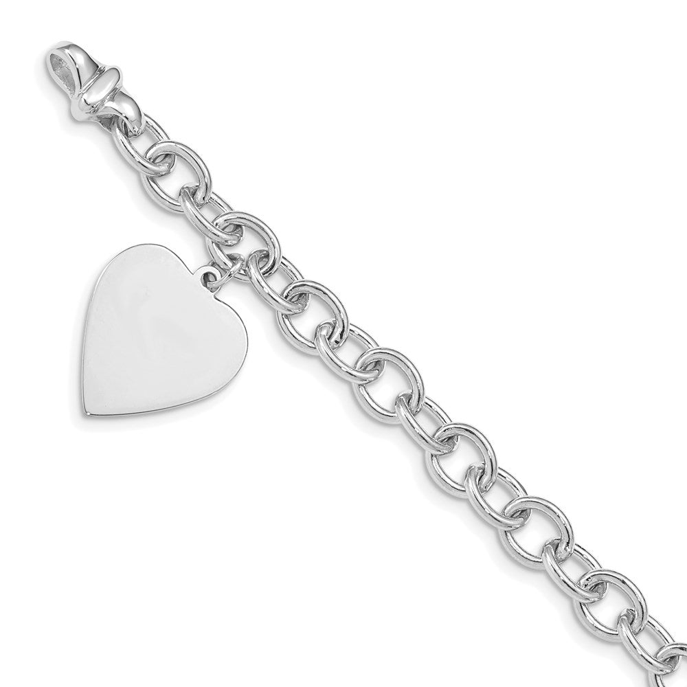 14k White Gold 17.5 mm in Polished Engravable Link with Heart Charm Bracelet (17.6 grams)