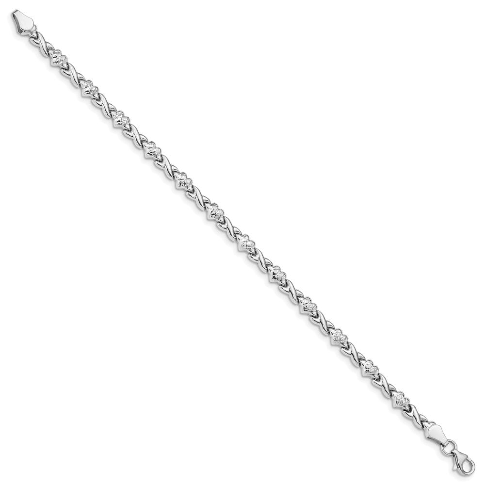 14k White Gold Polished Diamond-cut X-and-Heart 8 inch Bracelet (4.43 grams)