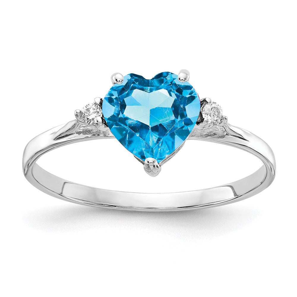 14k White Gold 7mm Heart Blue Topaz A Diamond ring (1.42 grams)