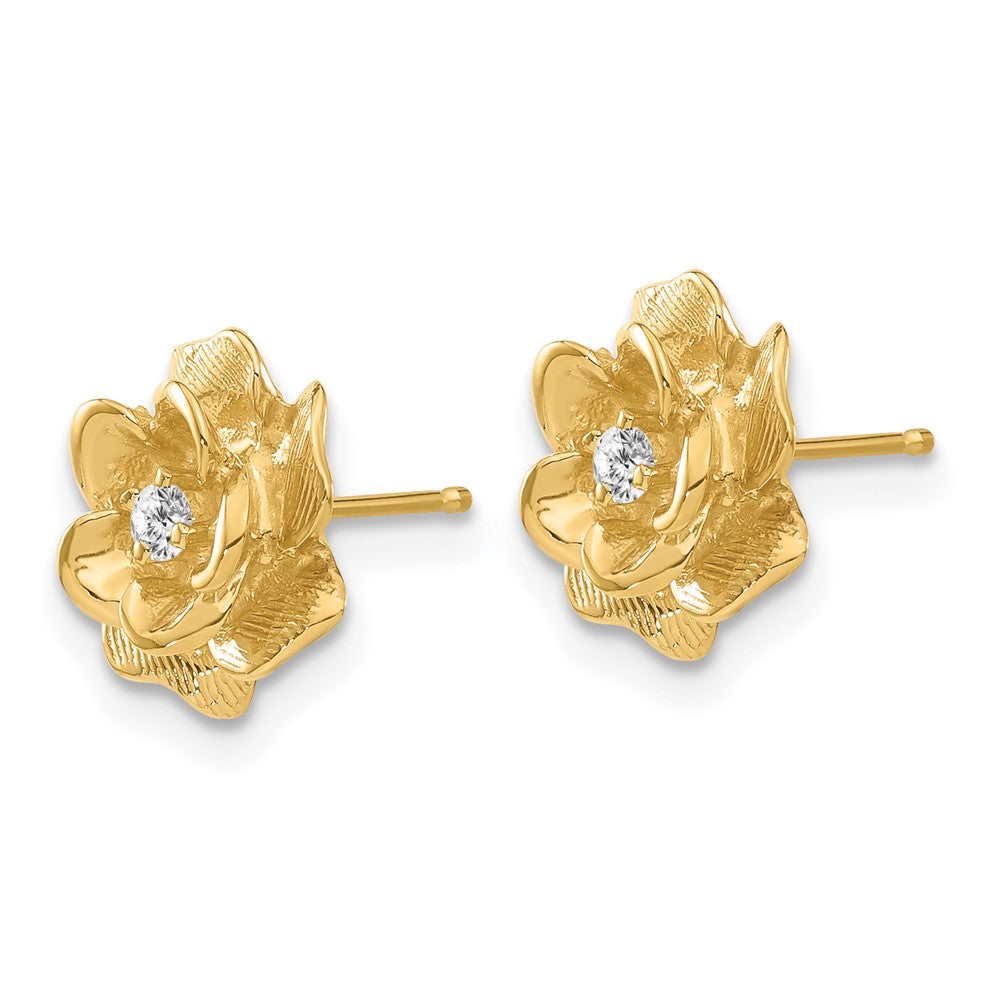 14k Yellow Gold 11 mm Gold AA Diamond Flower Post Earrings
