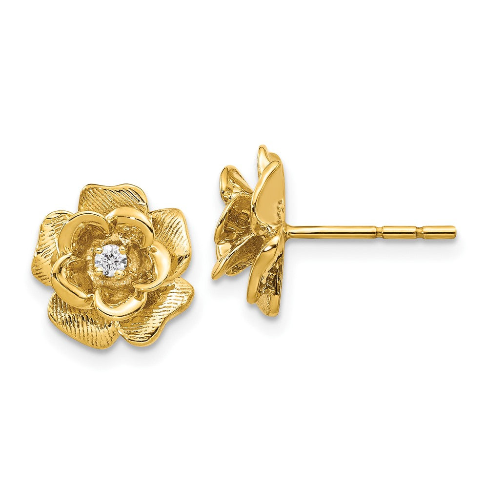 14k Yellow Gold 11 mm Gold AA Diamond Flower Post Earrings