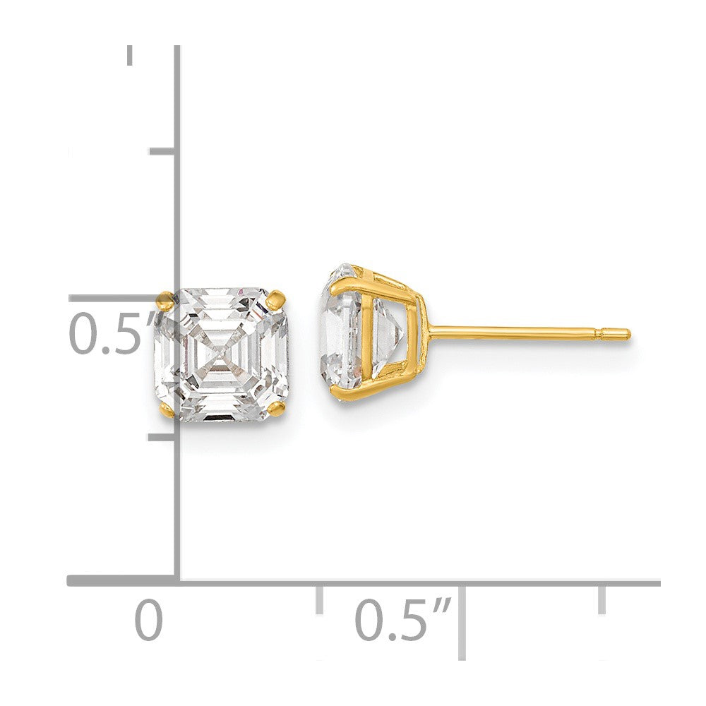 14k Yellow Gold 6 mm Polished x Asscher Cut CZ Studs Post Earrings (1.01 grams)